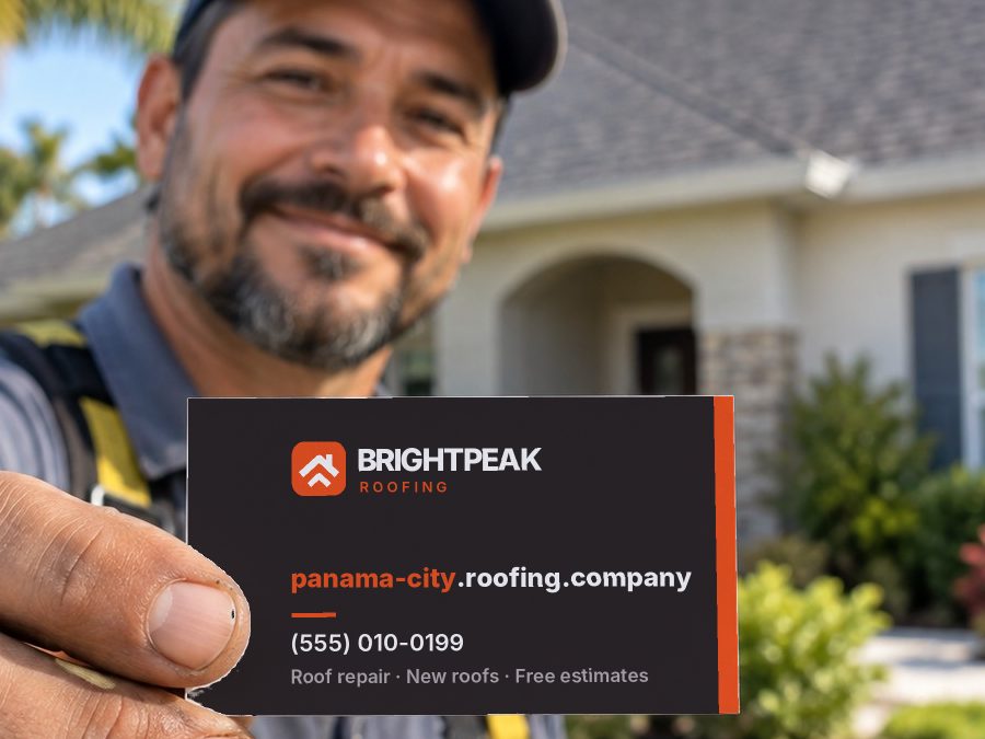 panama-city.roofing.company on a roofer's business card