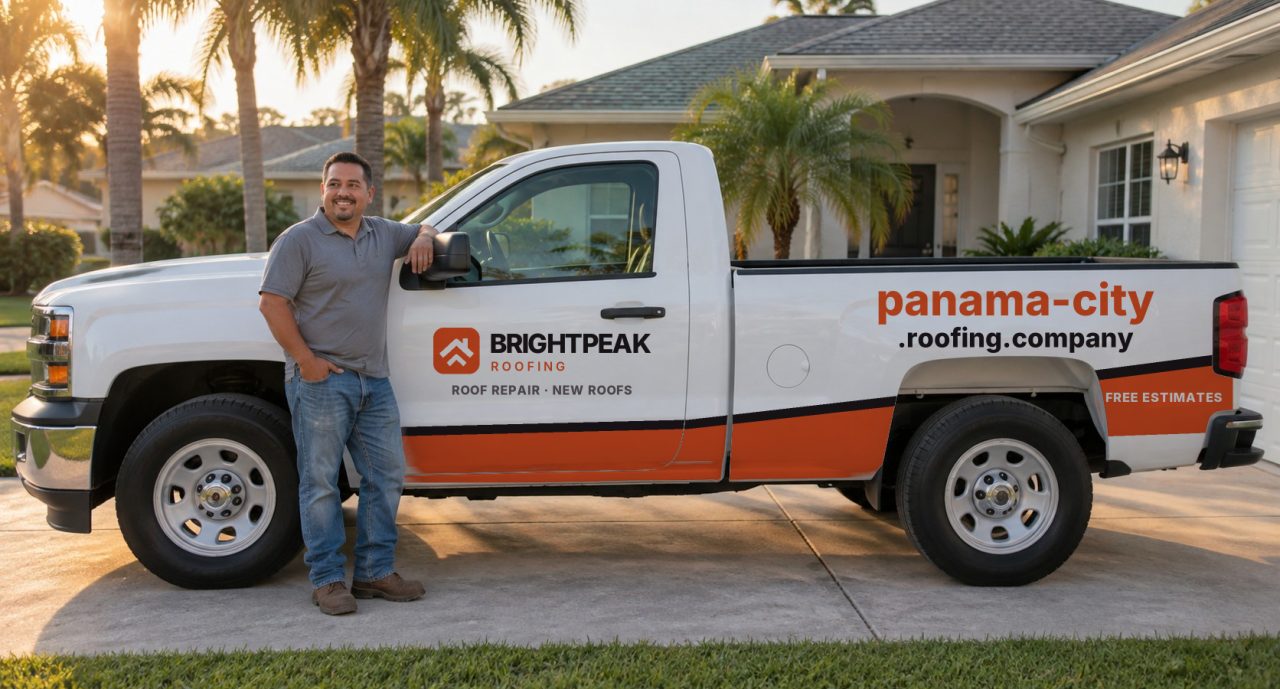 panama-city.roofing.company painted on the side of a white work truck