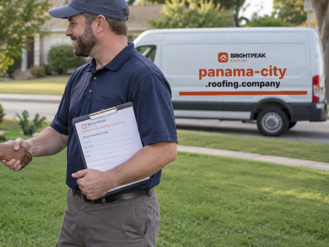 panama-city.roofing.company on a roofing van and an inspection form